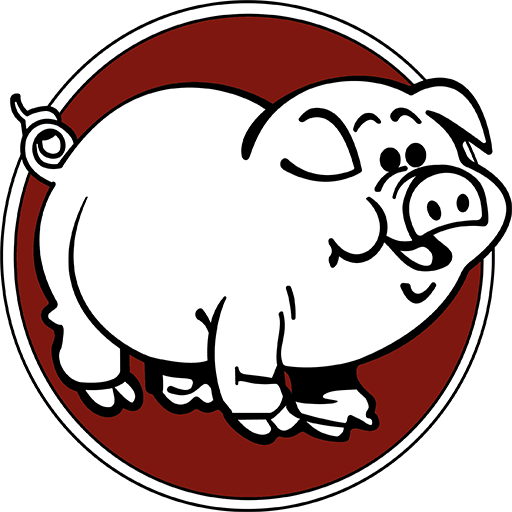 Lachendes Schwein als Logo auf rotem Hintergrund