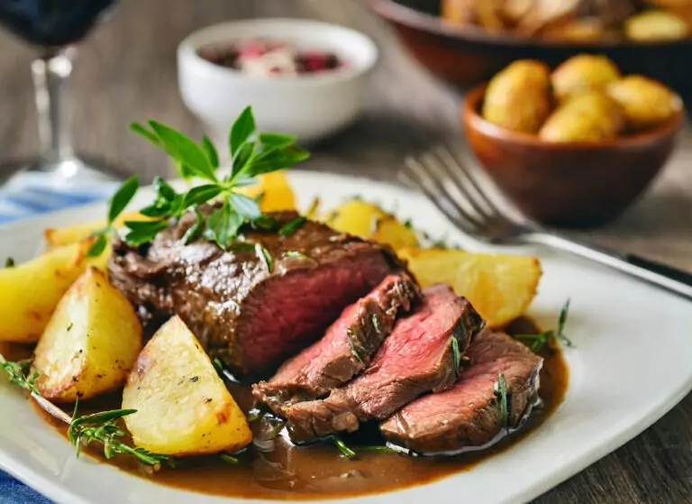 Medium gebratenes Rindersteak mit Bratkartoffeln und Kräutern