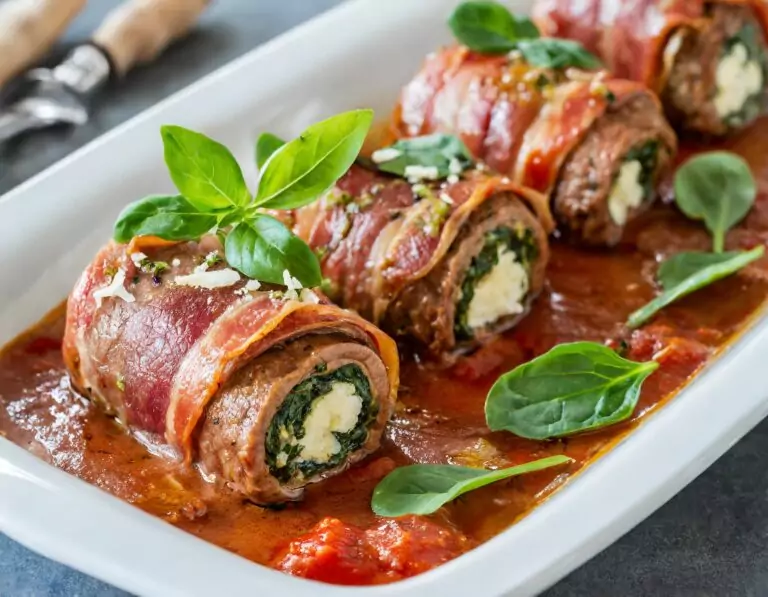 Gefüllte Fleischröllchen mit Spinat und Käse in Sauce