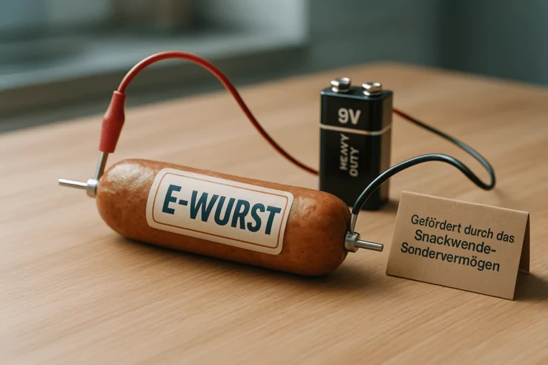 Wurst mit E-WURST Aufkleber und 9V Batterie verbunden