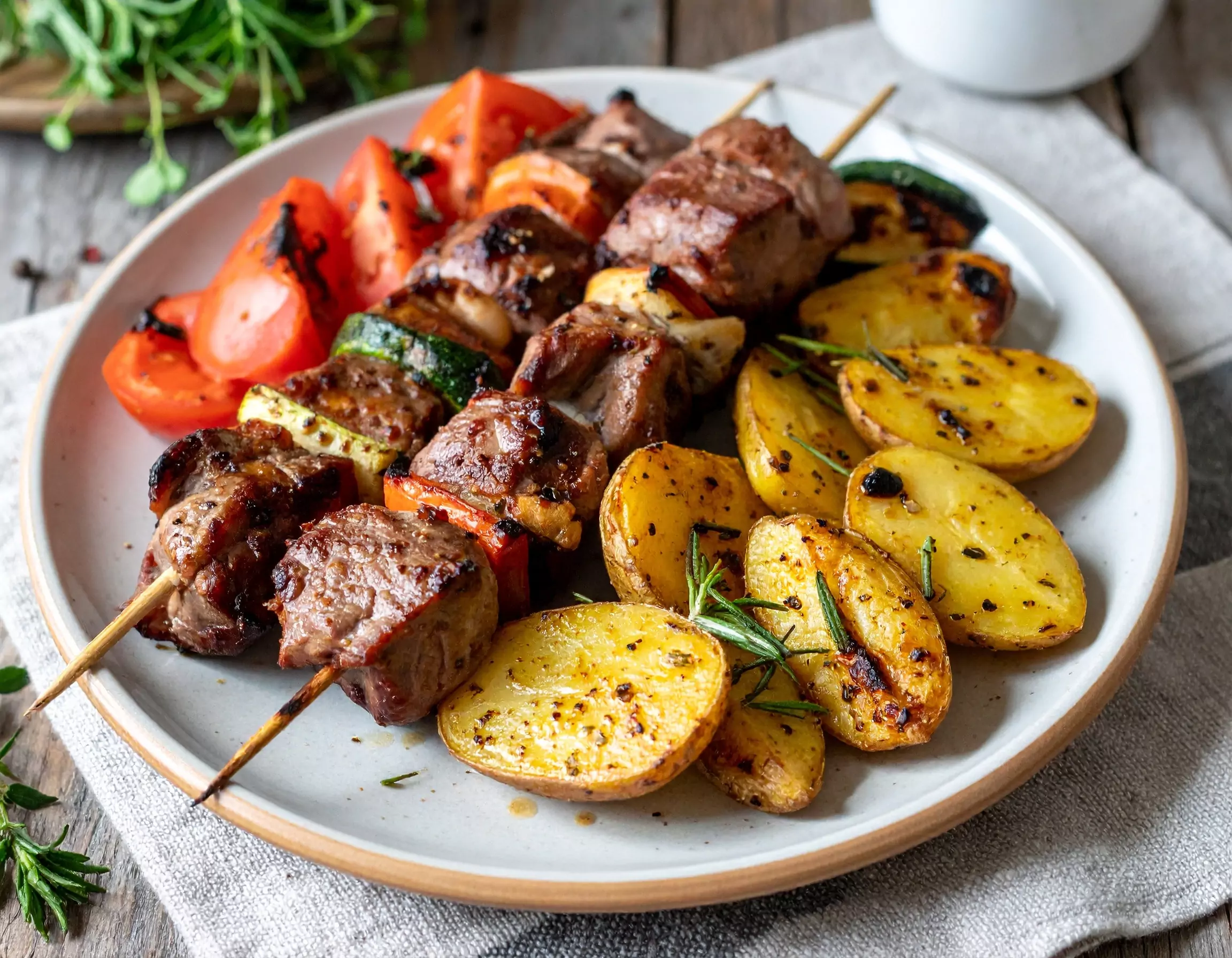 Gegrillte Fleischspieße mit Ofenkartoffeln und Tomaten auf Teller