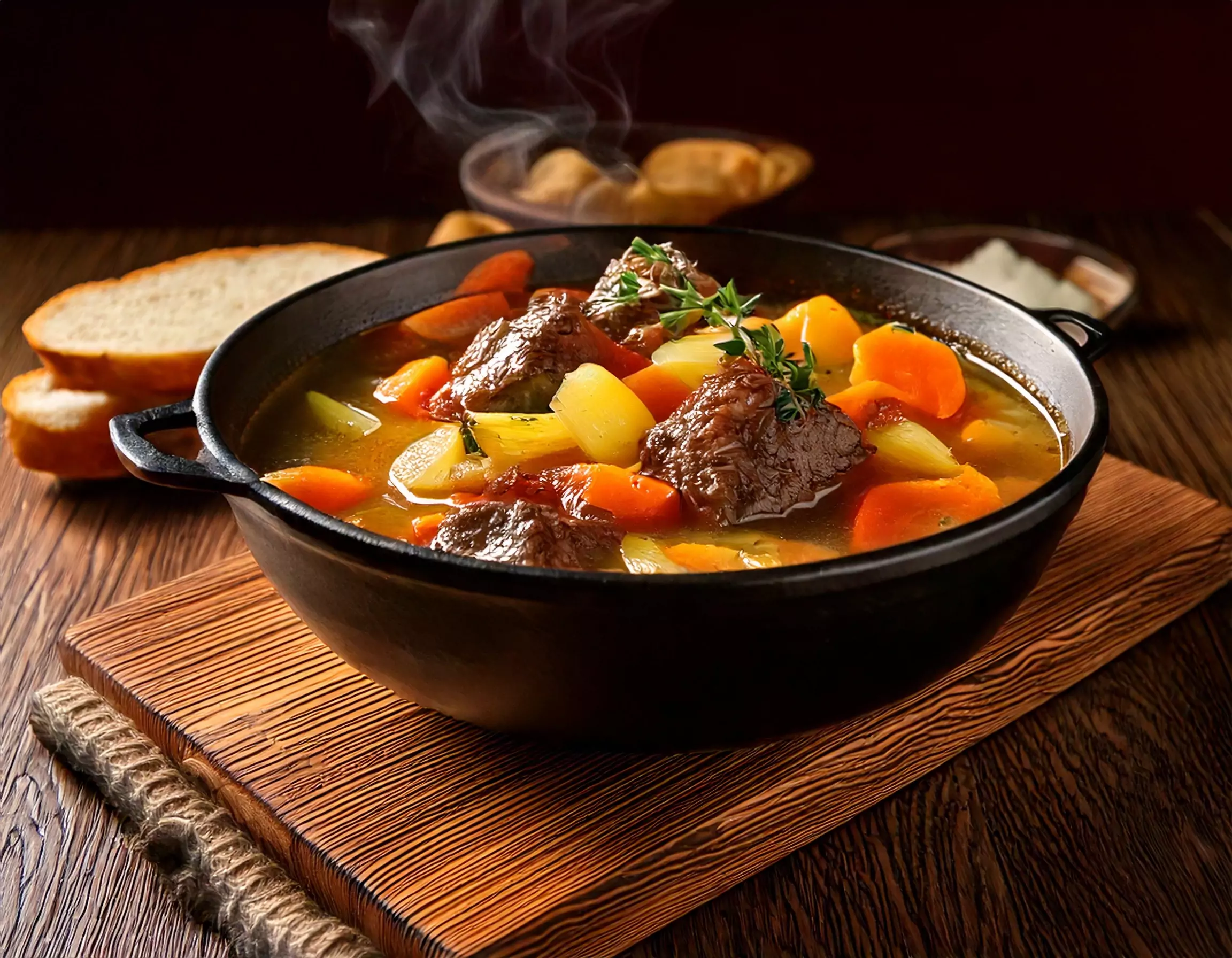 Dampfende Rindfleisch-Gemüsesuppe mit Karotten, Sellerie und Kräutern in einem schwarzen Topf auf einem Holzbrett, im Hintergrund Scheiben Brot und kleine Schalen mit Beilagen auf einem Holztisch.