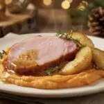 Ein Teller mit einer Scheibe gebratener Schinken, serviert auf einer Portion cremigem Kürbispüree zusammen mit gebratenen Apfelscheiben und garniert mit frischem Thymian, im Hintergrund dekorative Weihnachtskugeln und Tannenzapfen.