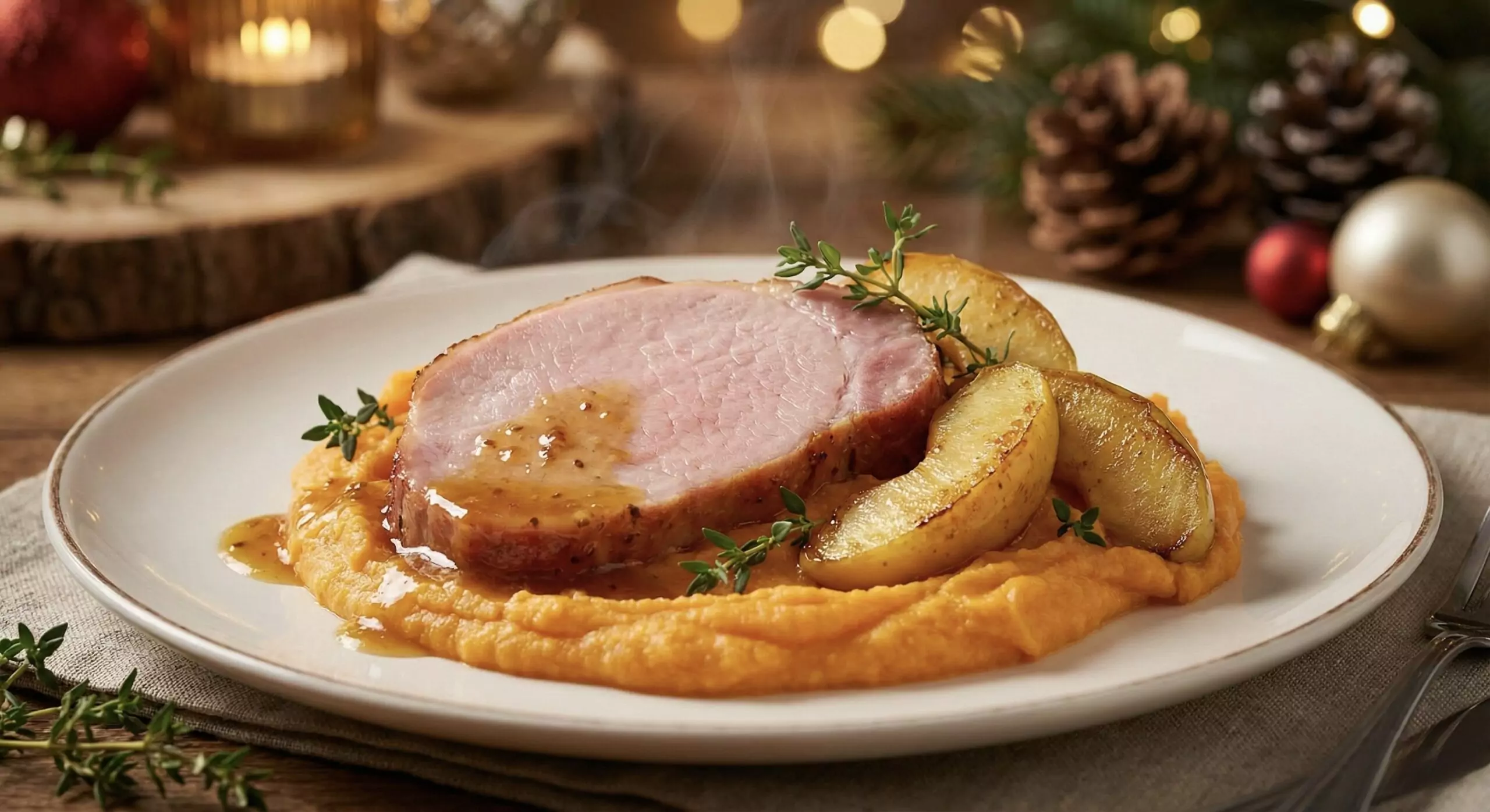 Ein Teller mit einer Scheibe gebratener Schinken, serviert auf einer Portion cremigem Kürbispüree zusammen mit gebratenen Apfelscheiben und garniert mit frischem Thymian, im Hintergrund dekorative Weihnachtskugeln und Tannenzapfen.