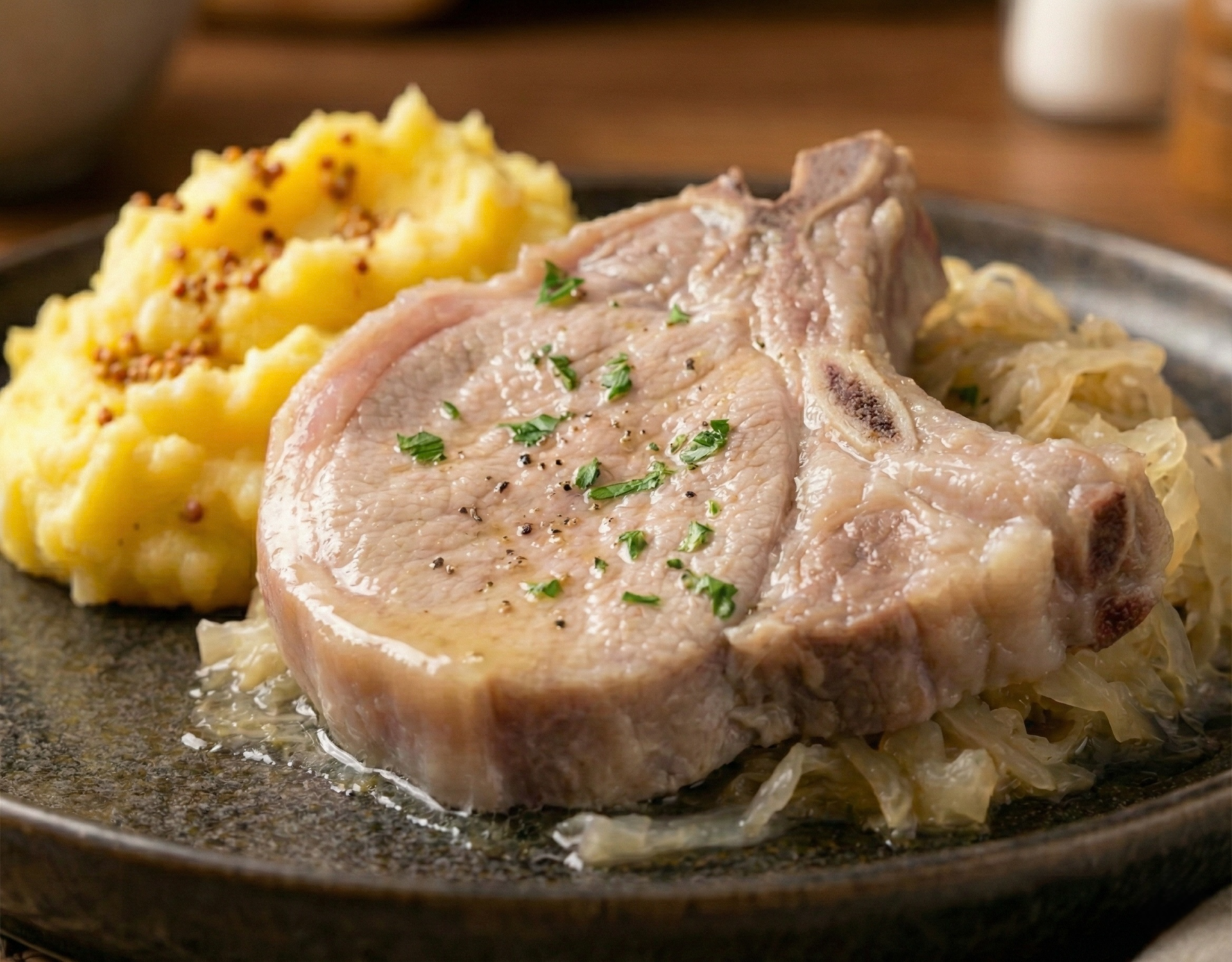 Gebratener Schweinekotelett mit Sauerkraut und cremigem Kartoffelpüree auf braunem Teller, garniert mit Petersilie.