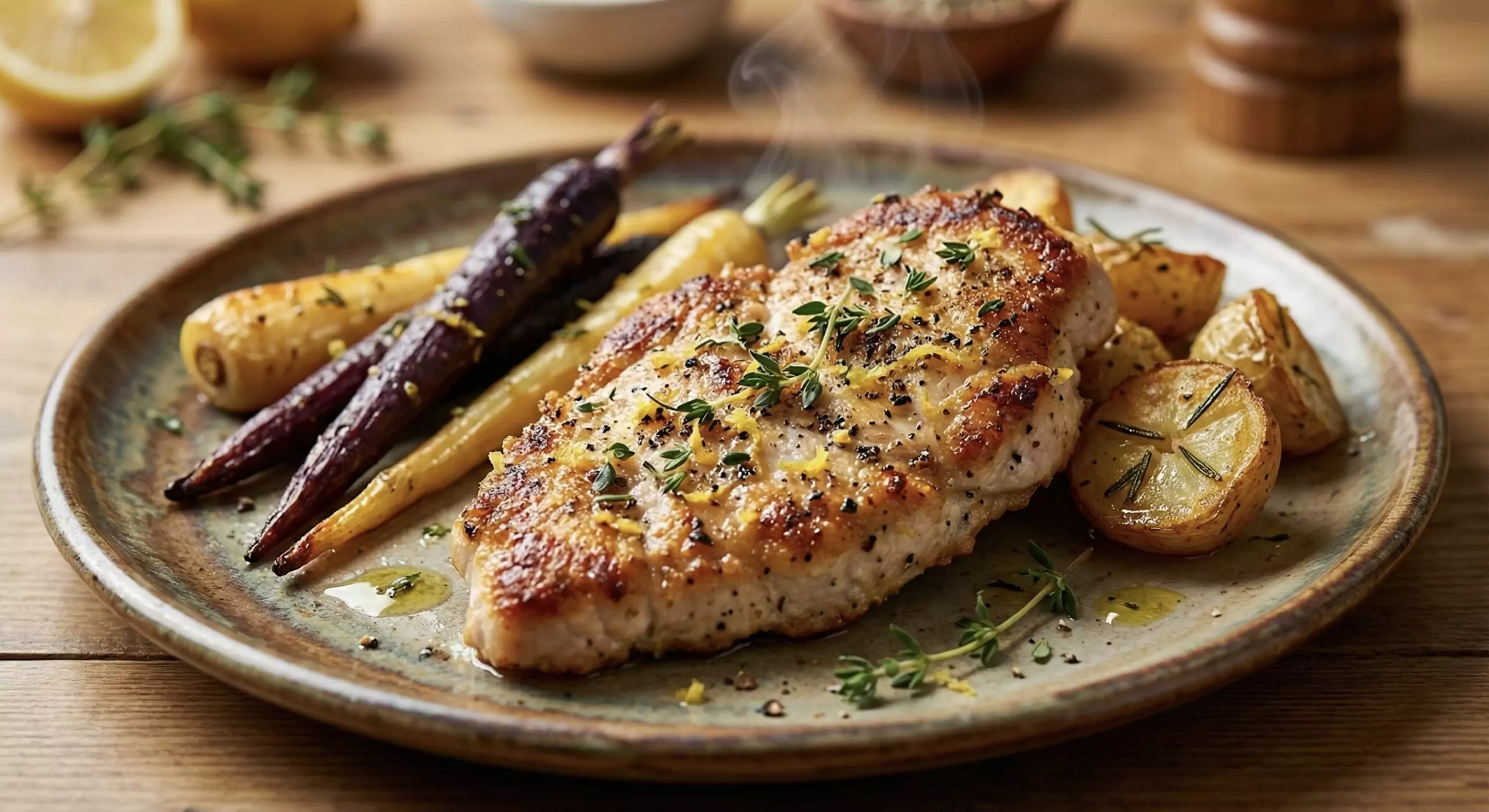 Gegrilltes Hähnchenbrustfilet mit frischen Kräutern, gebackenen Kartoffeln und bunten Karotten auf einem Teller.