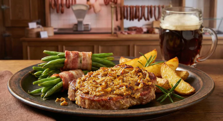 Gegrilltes Schweinekotelett mit Senfsoße, gebackenen Kartoffelspalten, mit Speck umwickelten grünen Bohnen und dunklem Bier im Glas.