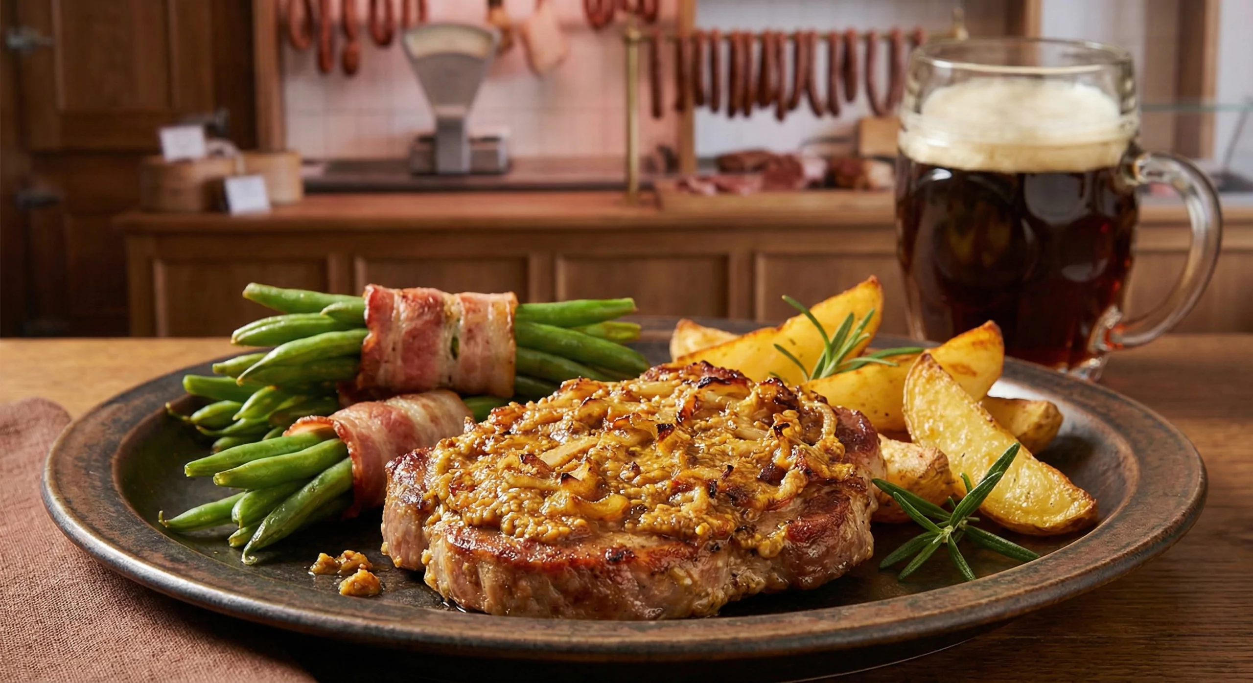 Gegrilltes Schweinekotelett mit Senfsoße, gebackenen Kartoffelspalten, mit Speck umwickelten grünen Bohnen und dunklem Bier im Glas.