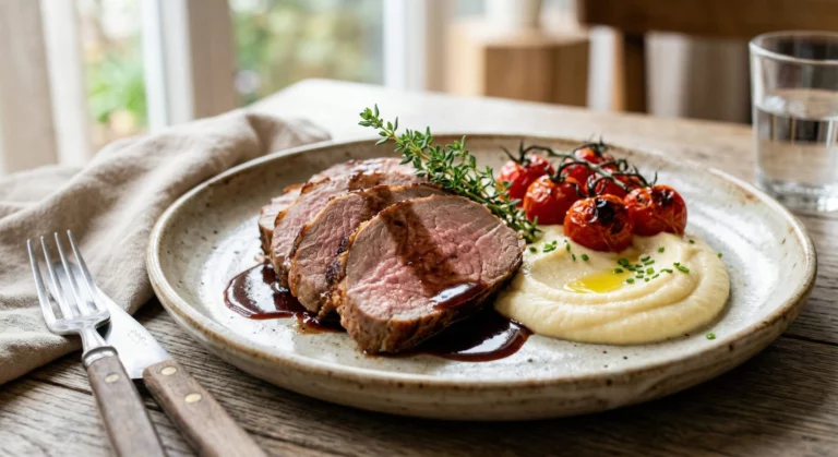 Drei Scheiben rosa gebratenes Fleisch mit dunkler Soße, dazu pürierter Kartoffelbrei, geröstete Kirschtomaten und frischer Thymian auf hellem Teller.