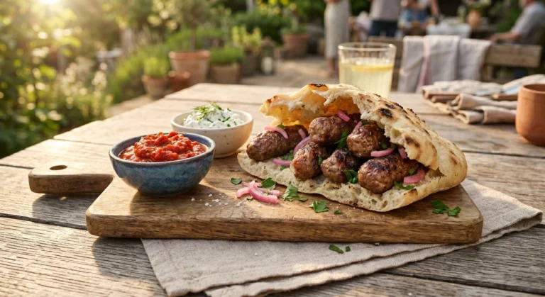 Gefülltes Fladenbrot mit gegrillten Fleischbällchen, eingelegten Zwiebeln und frischen Kräutern auf Holzbrett mit zwei Schalen Soße.