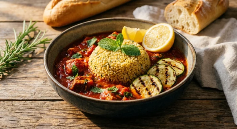 Schale mit Bulgurreis, Tomatensoße, gegrillten Zucchinischeiben, Zitronenscheiben und frischer Minze, dazu Baguette auf Holztisch.