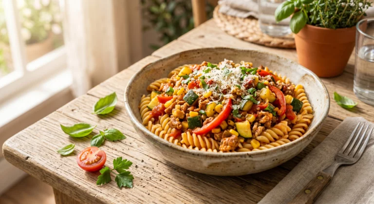 Schüssel mit Fusilli-Nudeln, gemischtem Gemüse, Hackfleisch, Tomatensauce und geriebenem Käse auf Holztisch mit Kräutern und Gabel.