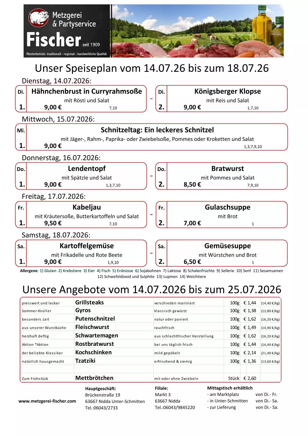 Speiseplan der Metzgerei Fischer mit Tagesgerichten, Preisen und Angeboten für 14.07.2026 bis 25.07.2026