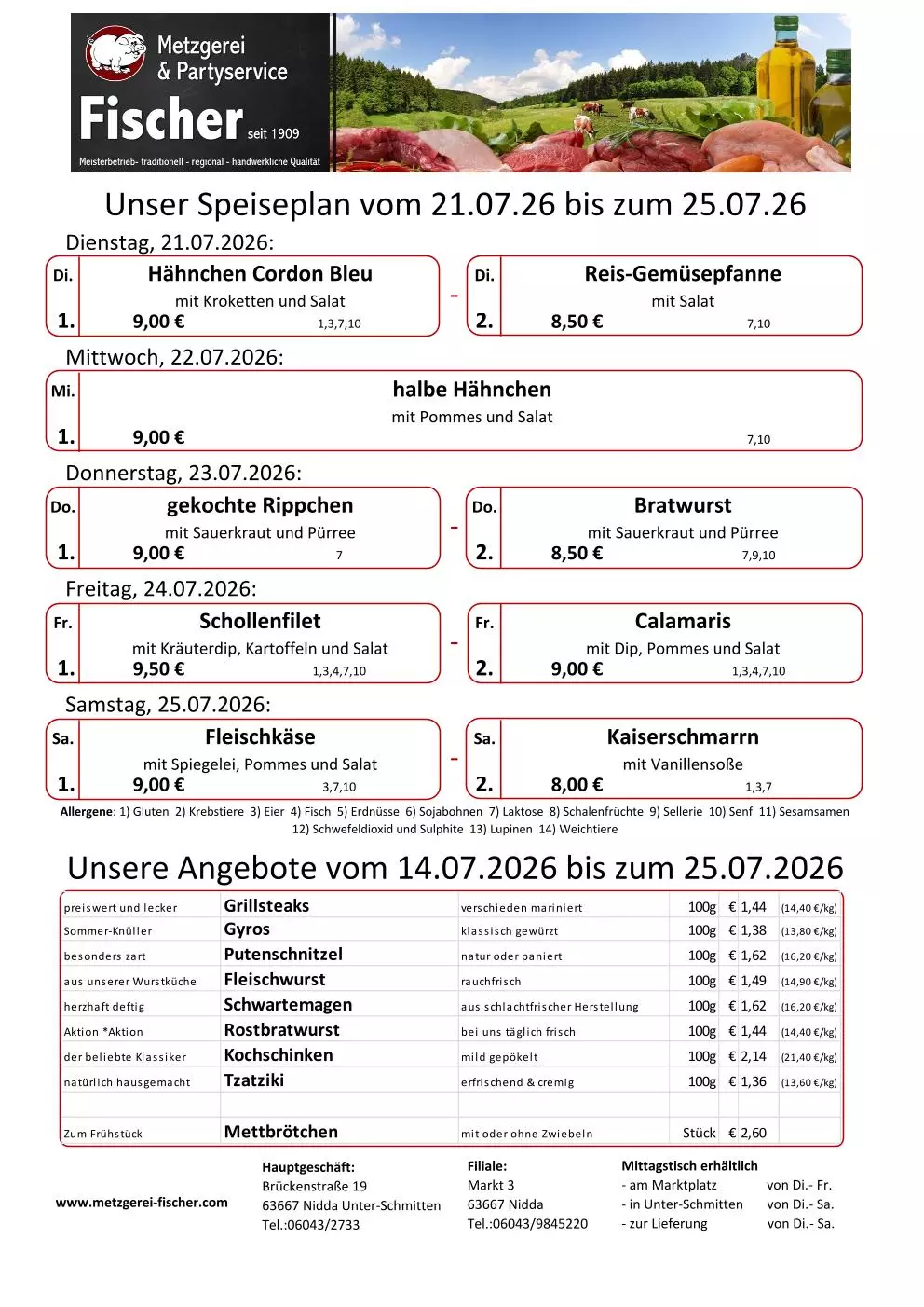 Speiseplan von Metzgerei Fischer mit Tagesgerichten und Angeboten für den 21. bis 25.07.2026