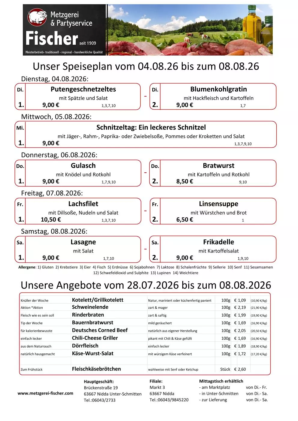 Speiseplan und Angebote der Metzgerei Fischer mit Tagesgerichten, Preisen und Wochenspezialitäten
