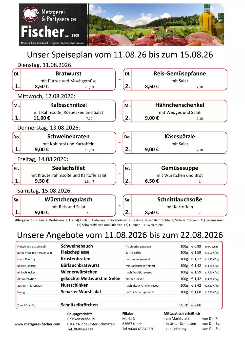 Speiseplan und Angebote einer Metzgerei mit Gerichten, Preisen und Wochentagen für 11.08. bis 15.08.2026