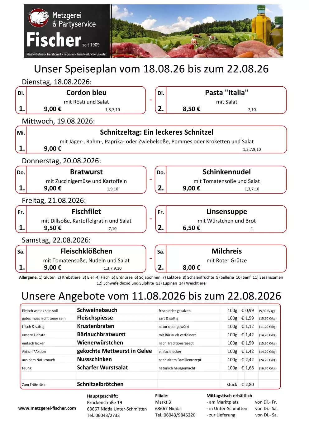 Speiseplan von Metzgerei Fischer mit Wochenmenüs und Preisen sowie Angebotsliste für Fleischprodukte