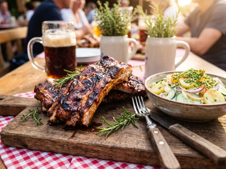 Gegrillte Rippchen mit Rosmarin, Kartoffel-Gurken-Salat und einem Bier auf einem rustikalen Holztisch