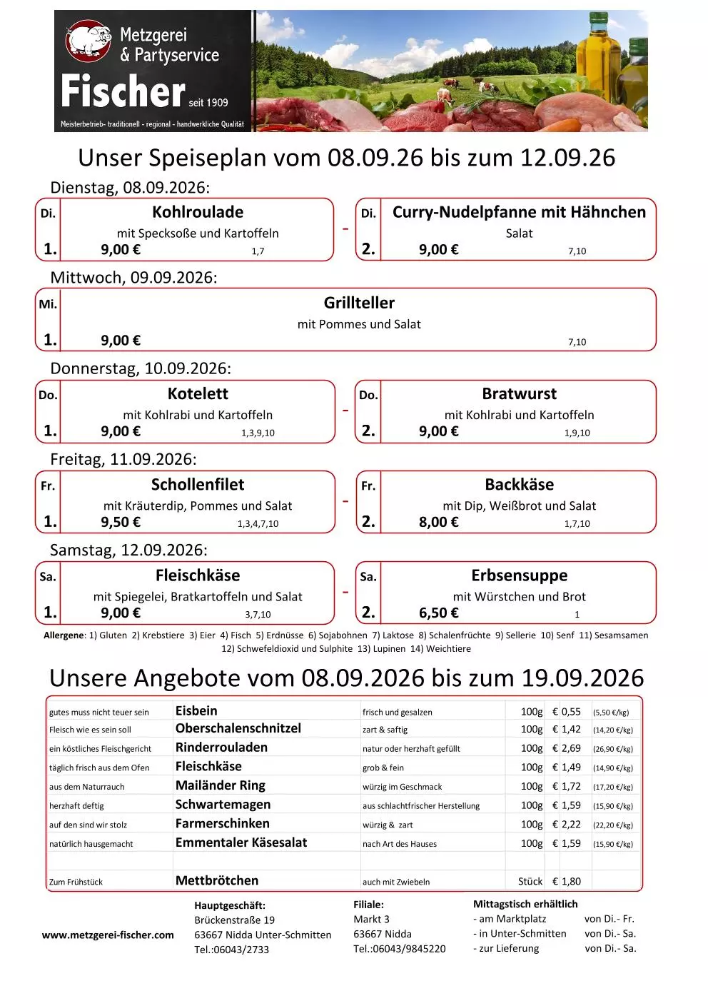 Speiseplan der Metzgerei Fischer vom 8.–12. September 2026 mit Tagesgerichten und Wochenangeboten
