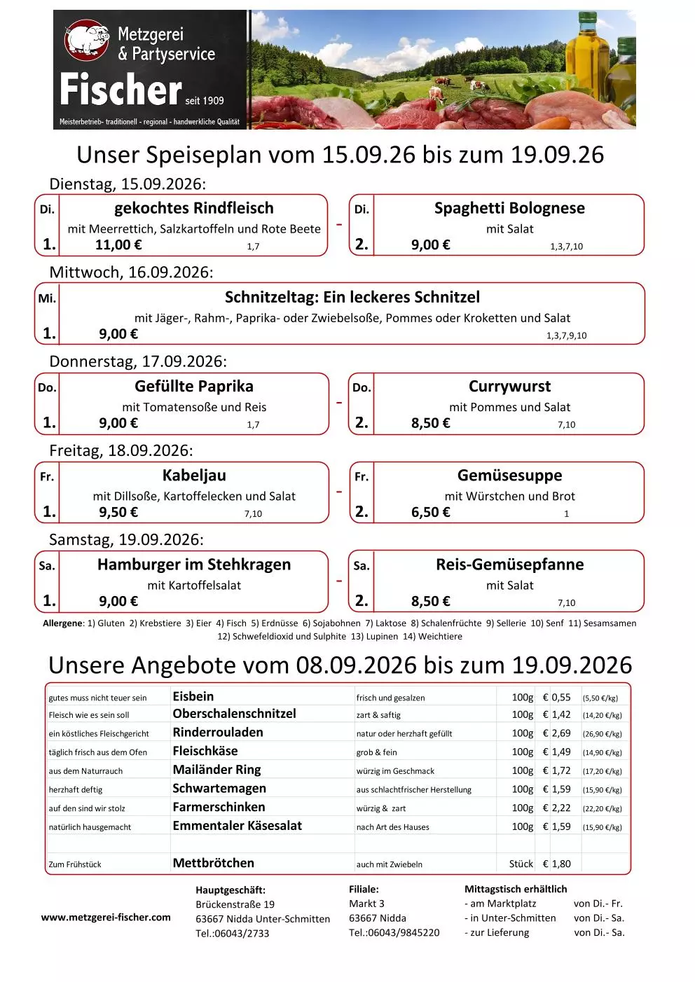 Speiseplan und Angebote der Metzgerei Fischer für den 15.–19.09.2026 mit Gerichten, Preisen und Kontaktdaten