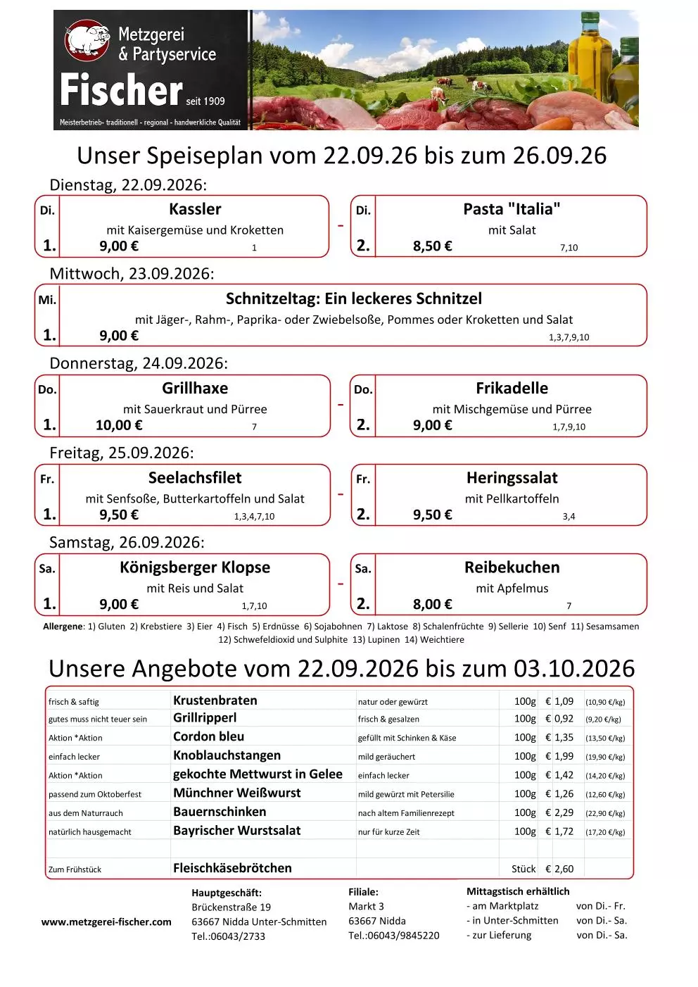 Speiseplan der Metzgerei Fischer für 22.–26.09.2026 mit Tagesgerichten, Preisen und Angeboten bis 03.10.2026