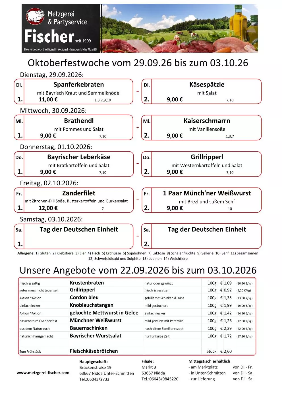 Speise- und Angebotsflyer der Metzgerei Fischer: Oktoberfestwoche 29.09.–03.10.2026 mit Tagesgerichten und Preisen