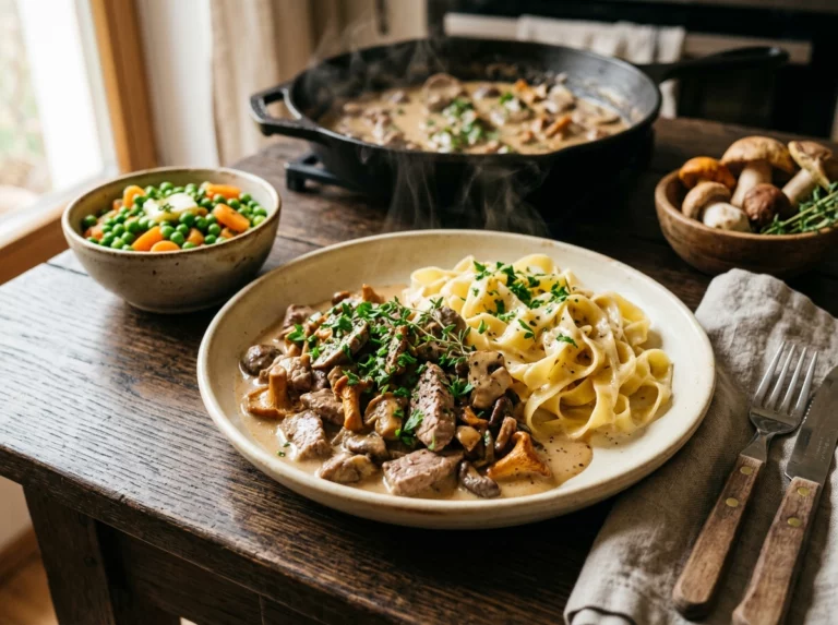Rindergeschnetzeltes mit Pilzen und Bandnudeln, dazu Erbsen und Möhren auf einem Holztisch